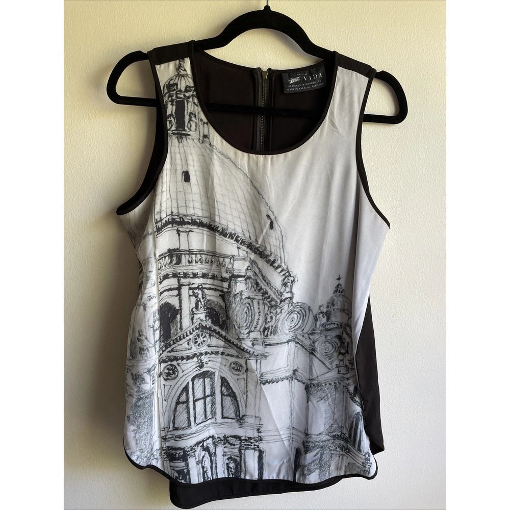 VIDA Sleeveless Top Womens Medium Black White Architectural Sketch Art Cathedral